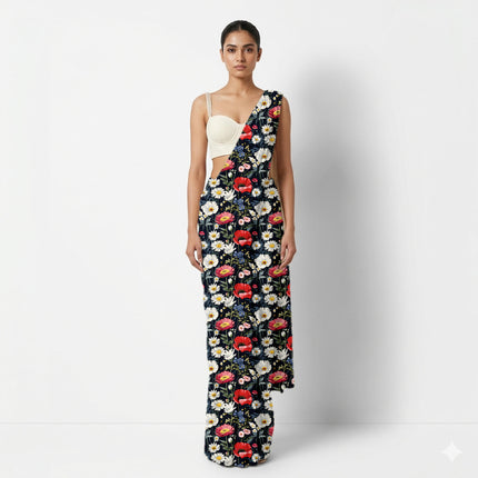 Navy Blue Floral Digital Print Fabric for Set | Urban Festival Wear - Image 3