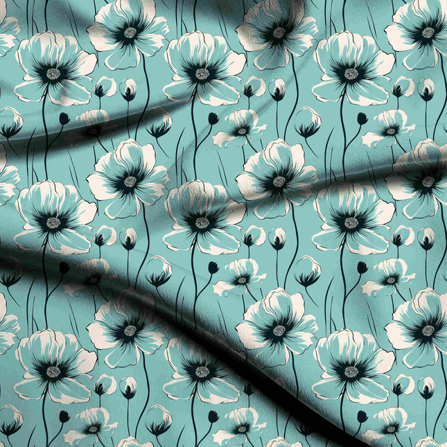 Aqua Blue Floral Digital Print Fabric for Dress | Resort Wear - 5507