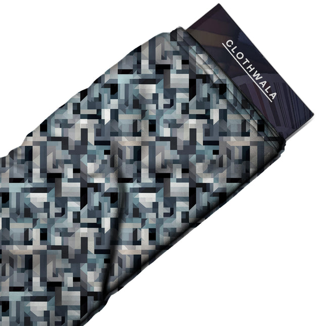 charcoal grey geometric print fabric draped — trousers styling