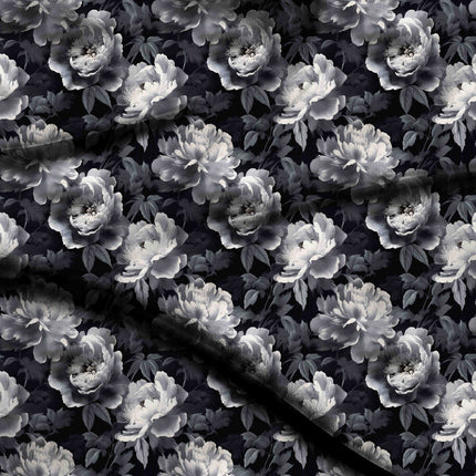 jet black floral digital print fabric texture — large scale closeup