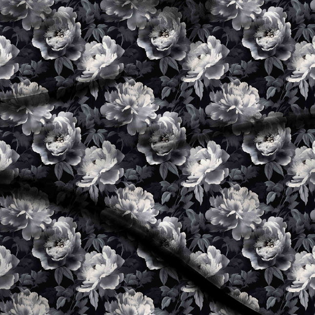 jet black floral digital print fabric texture — large scale closeup