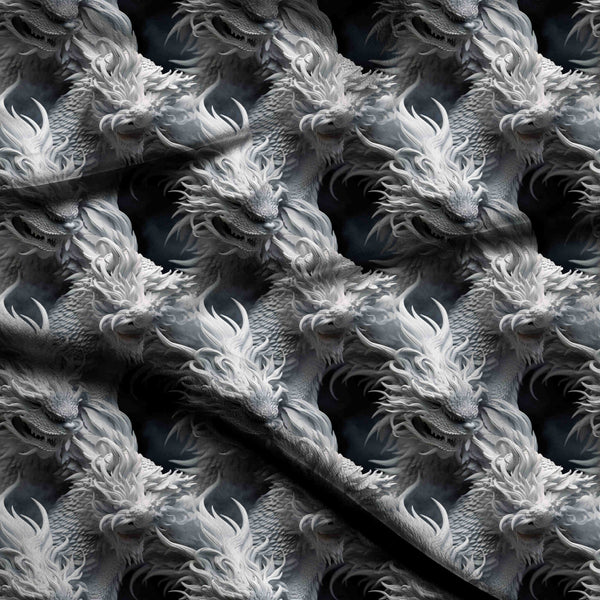Snow White Oversized Intricate White Dragon Repeat Print Fabric