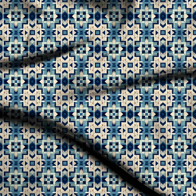 cobalt blue geometric digital print fabric texture — medium scale closeup