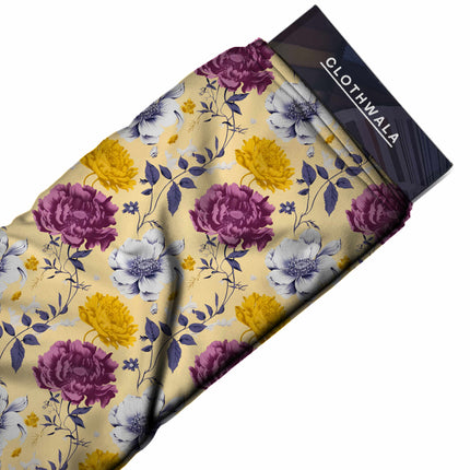 pale buttercup yellow floral print fabric draped — kurta set styling