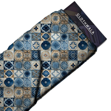 cobalt blue floral fabric detail — digital print closeup