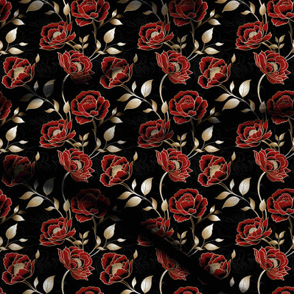 jet black floral digital print fabric texture — medium scale closeup