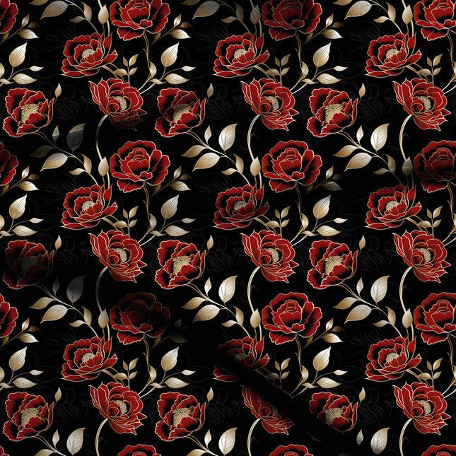 jet black floral digital print fabric texture — medium scale closeup