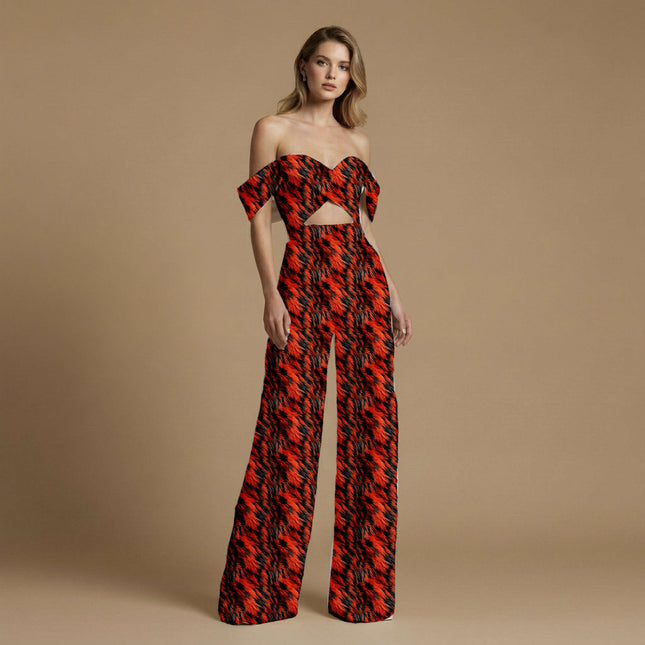fiery red animal print fabric draped — co-ord set styling