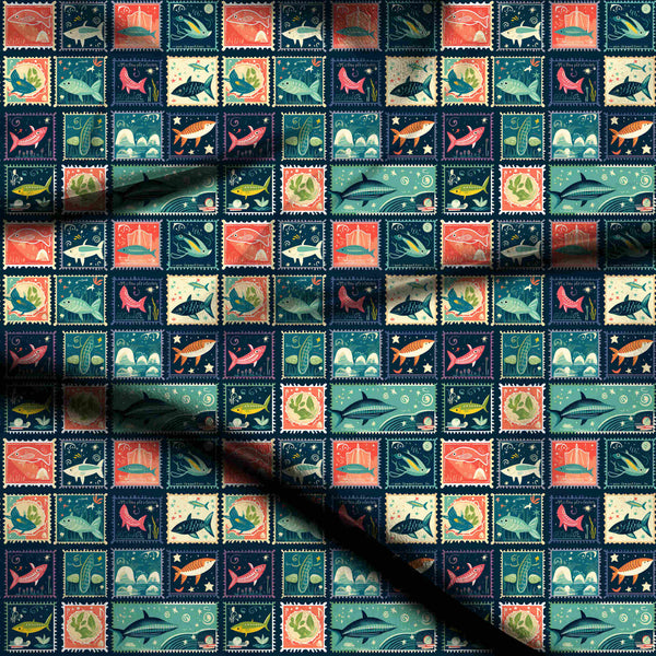 Midnight Blue Grid Of Vintage-style Postage Stamps Print Fabric
