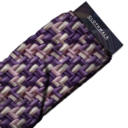 deep purple geometric print fabric draped — structured dress styling