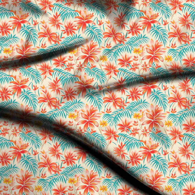 vermilion red tropical digital print fabric texture — medium scale closeup