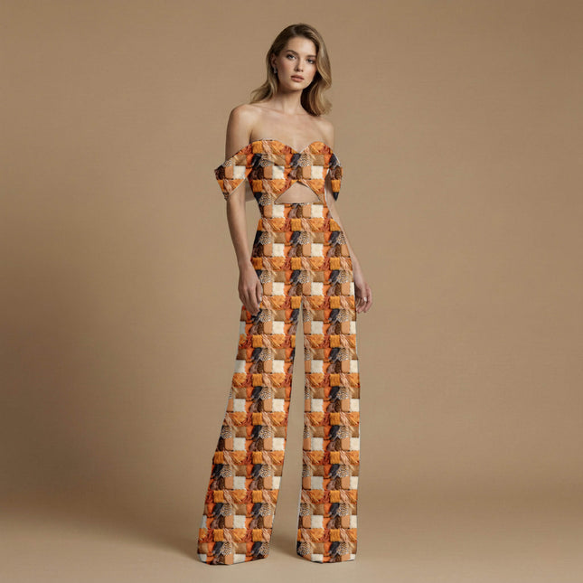 print fabric draped — jumpsuit styling
