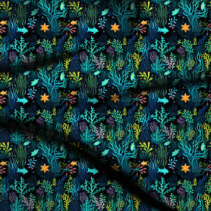 midnight blue tropical all-over print pattern — medium scale repeat layout