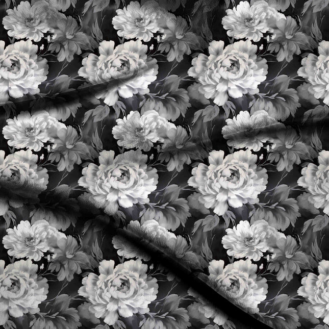 jet black floral digital print fabric texture — large scale closeup