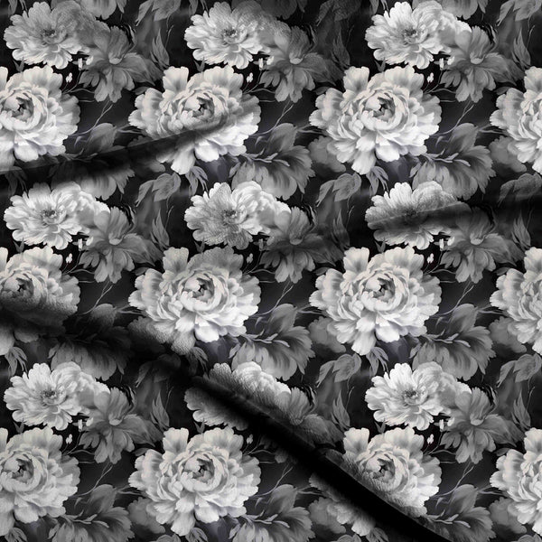 Jet Black Dramatic Large-scale Monochrome Peony Floral Print Fabric
