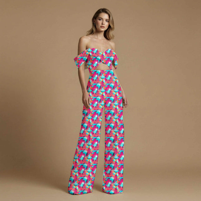 hot pink abstract print fabric draped — co-ord set styling