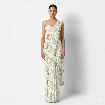 Ivory Cream Floral Digital Print Fabric for Dress | Geometric resort wear - Image 5