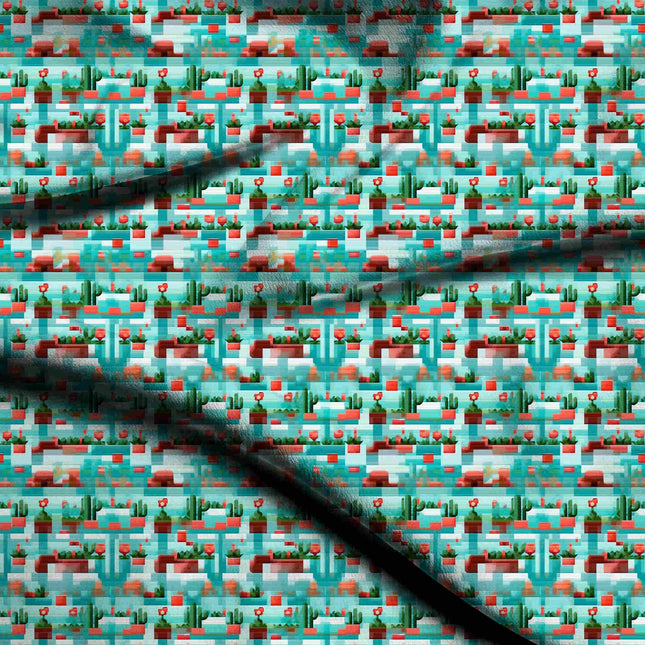 teal floral digital print fabric texture — medium scale closeup