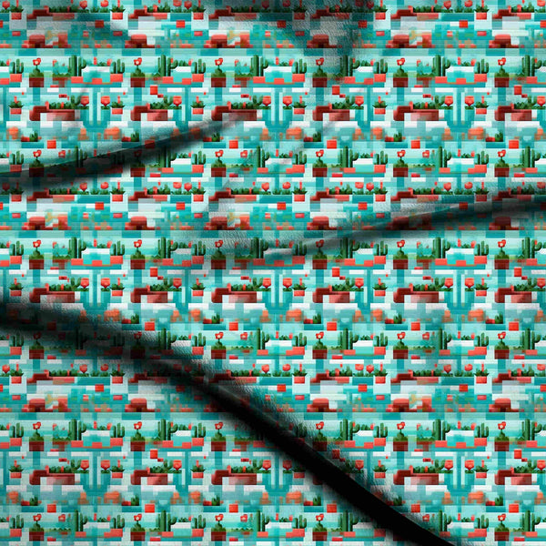 Teal Stylized pixelated cacti and succulents Kaftan Fabric