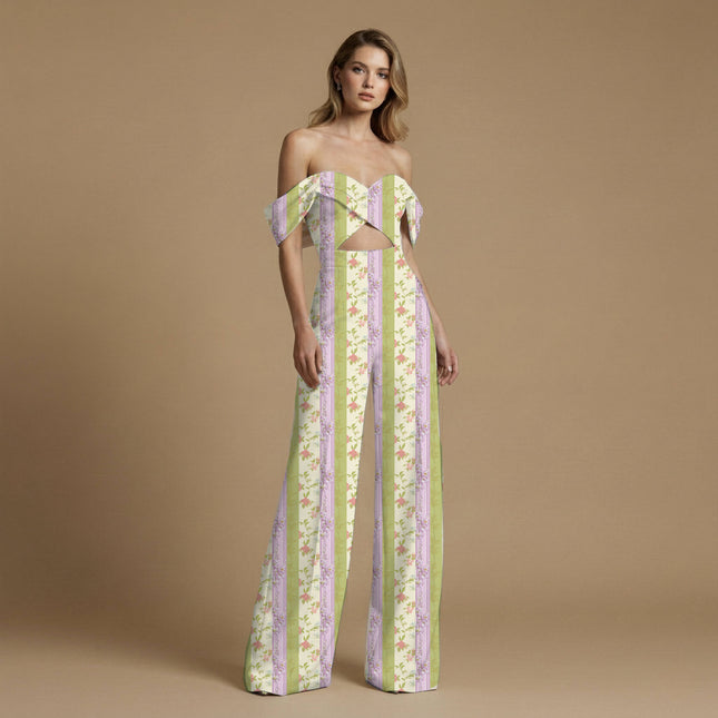 sage green floral print fabric draped — palazzo suit styling