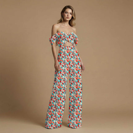 cobalt blue abstract print fabric draped — palazzo suit styling