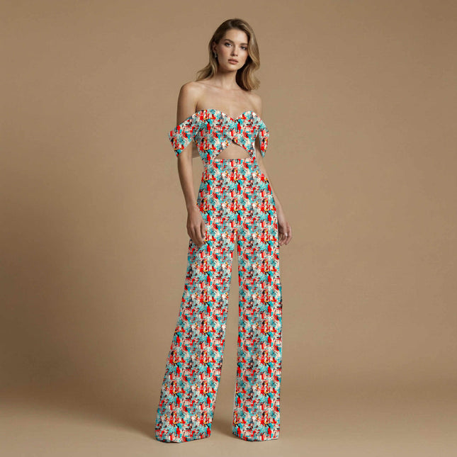 cobalt blue abstract print fabric draped — palazzo suit styling