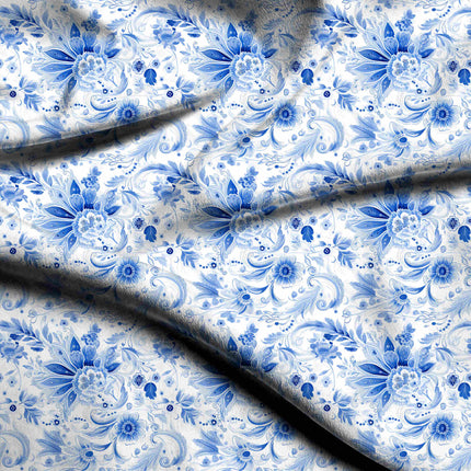 cobalt blue floral digital print fabric texture — medium scale closeup