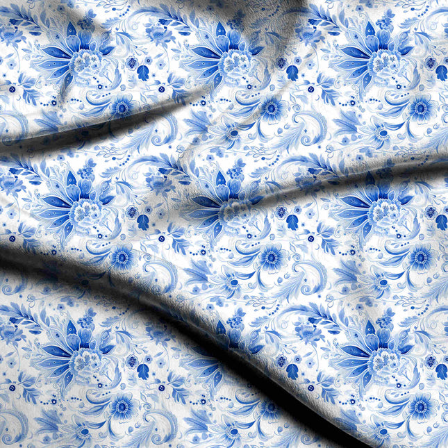 cobalt blue floral digital print fabric texture — medium scale closeup