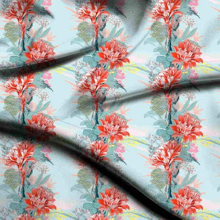 coral pink floral fabric detail — textured finish digital print closeup