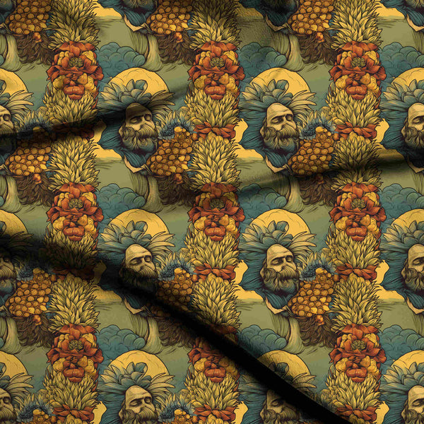 Mustard Yellow Opulent Stylized Pineapple And Floral Print Fabric