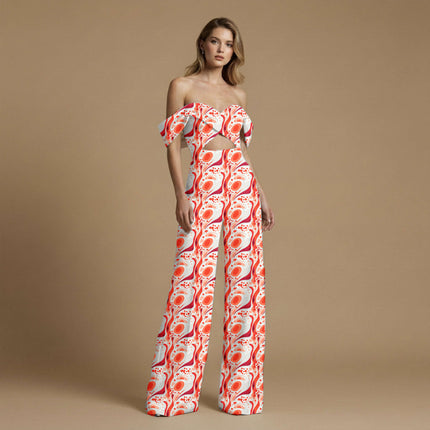 crimson red abstract print fabric draped — co-ord set styling