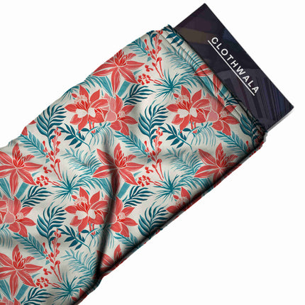 coral red tropical fabric detail — matte finish digital print closeup