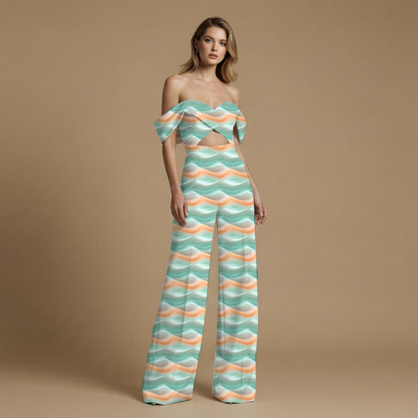 Mint Green Abstract Layered Waves Print Fabric
