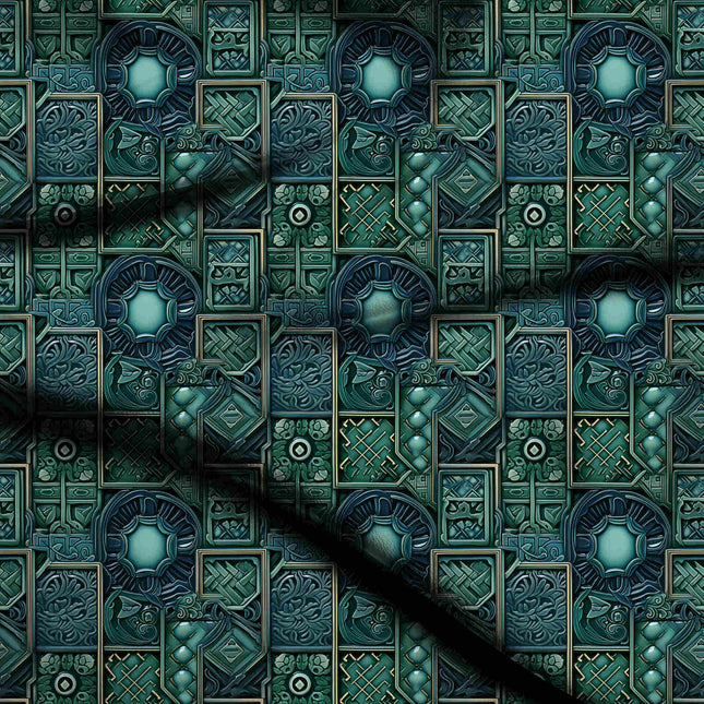 emerald green ethnic digital print fabric texture — medium scale closeup