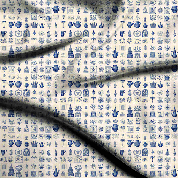 Delft Blue Tiled Repeat Print Fabric