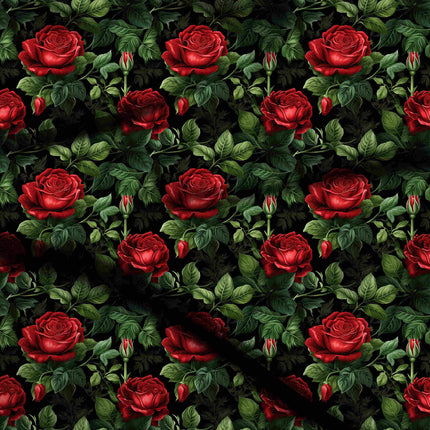 deep crimson floral digital print fabric texture — large scale closeup