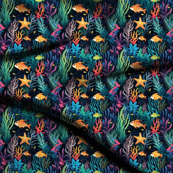 Midnight Blue Vibrant Stylized Coral Reef Print Fabric