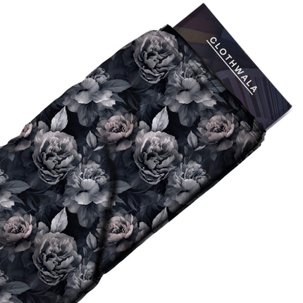charcoal black floral print fabric draped — lehenga styling