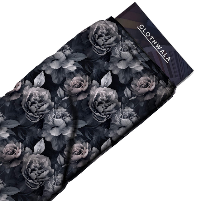 charcoal black floral print fabric draped — lehenga styling