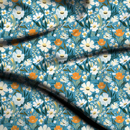 Teal Blue Floral Digital Print Fabric for Dress | Vacation Wear - 5453