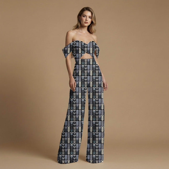 charcoal grey geometric print fabric draped — jumpsuit styling