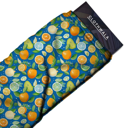 cobalt blue tropical fabric detail — matte finish digital print closeup