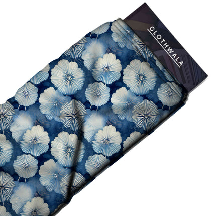 cobalt blue floral fabric detail — digital print closeup
