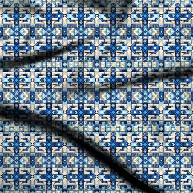cobalt blue geometric digital print fabric texture — medium scale closeup