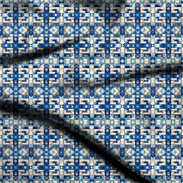 Cobalt Blue Intricate Three-dimensional Geometric Tile Mosaic Print Fabric