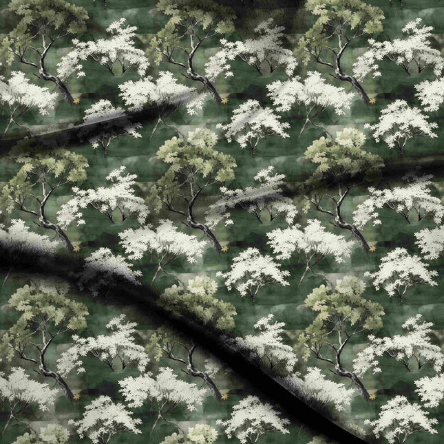 Forest Green Floral Digital Print Fabric | Kurti Kaftan Dress | Destination Wedding | Vintage Courtly Bloom | Muted Heritage Prints | Crepe Silk Print - 1861