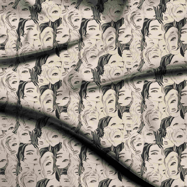 Charcoal Black Monochromatic Expressive Faces All-over Repeat Print Fabric