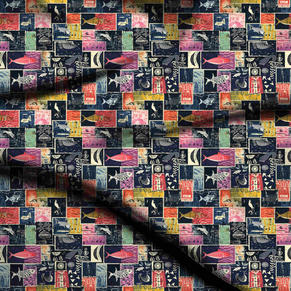 Midnight Blue Eclectic Collage Print Fabric