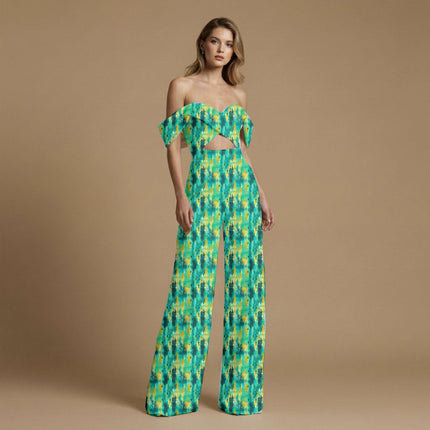 teal abstract print fabric draped — palazzo suit styling
