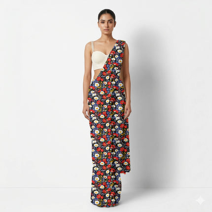 Midnight Blue Floral Digital Print Fabric for Maxi | Regal Festival Wear - Image 4